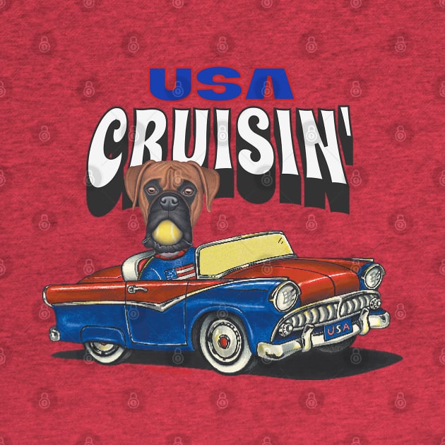 Cute and Funny Boxer dog cruisin' in a classic vintage car in the USA by Danny Gordon Art